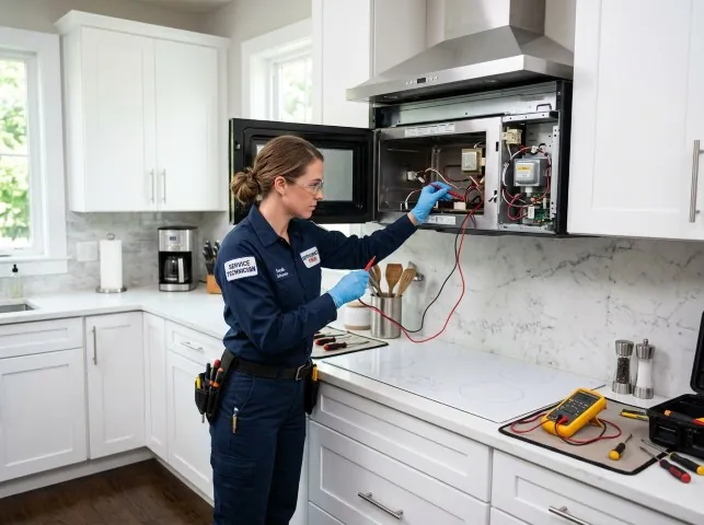 Appliance Repair Hero technician testing an over-the-range microwave in a Auburn, NY kitchen